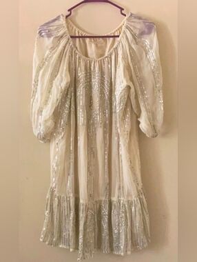 Carolina K Ivory Sequin Babydoll Dress off the shoulder